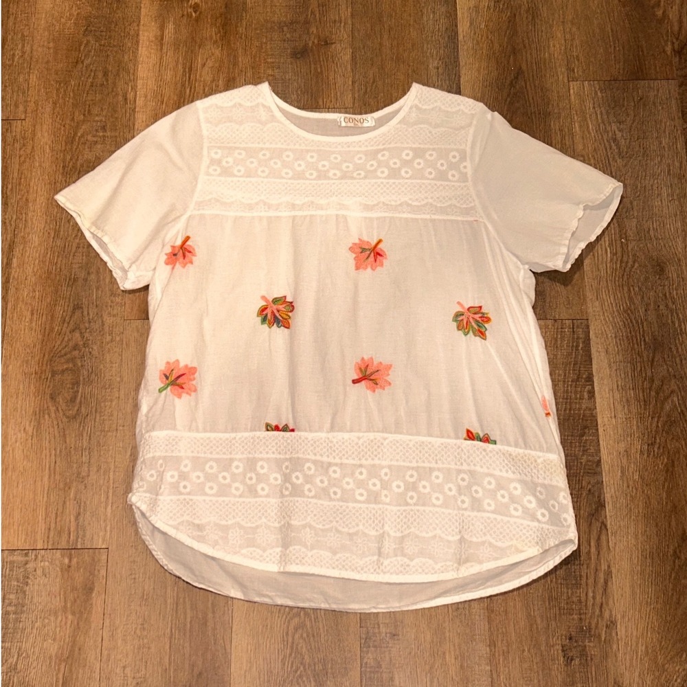 CONOS Women White Cotton Eyelet Lace Embroidered Leaf Blouse XXXL Short Sleeve